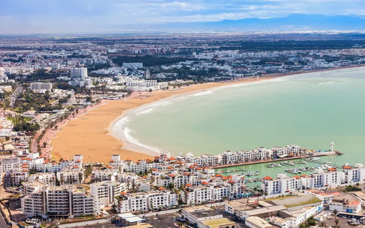 Bay of Agadir with its long sandy beach and a view of the city from the Agadir Oufella Kasbah