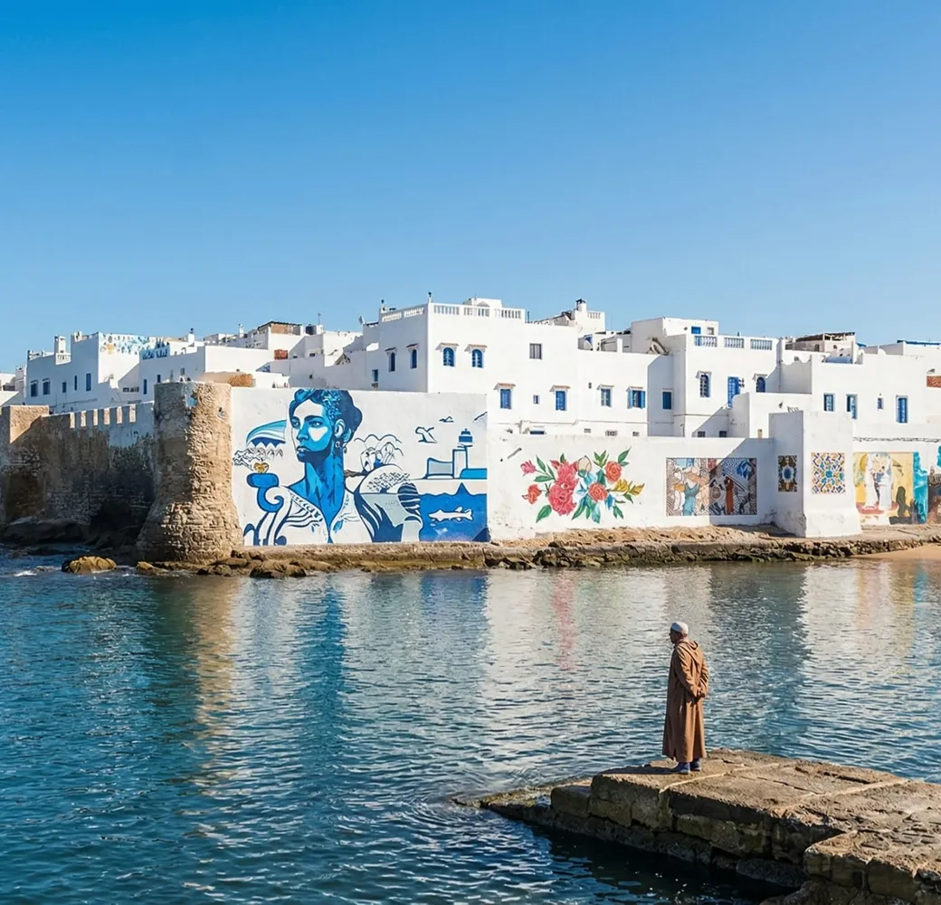 Ruelle blanche ornée de fresques murales colorées dans la médina d'Assilah