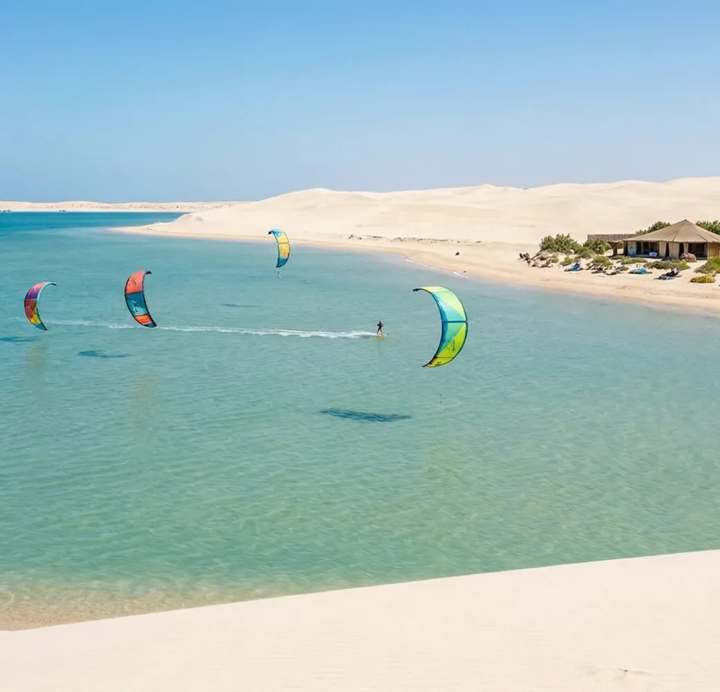 Lagune turquoise de Dakhla bordée de dunes blanches, avec des kitesurfeurs sur l'eau