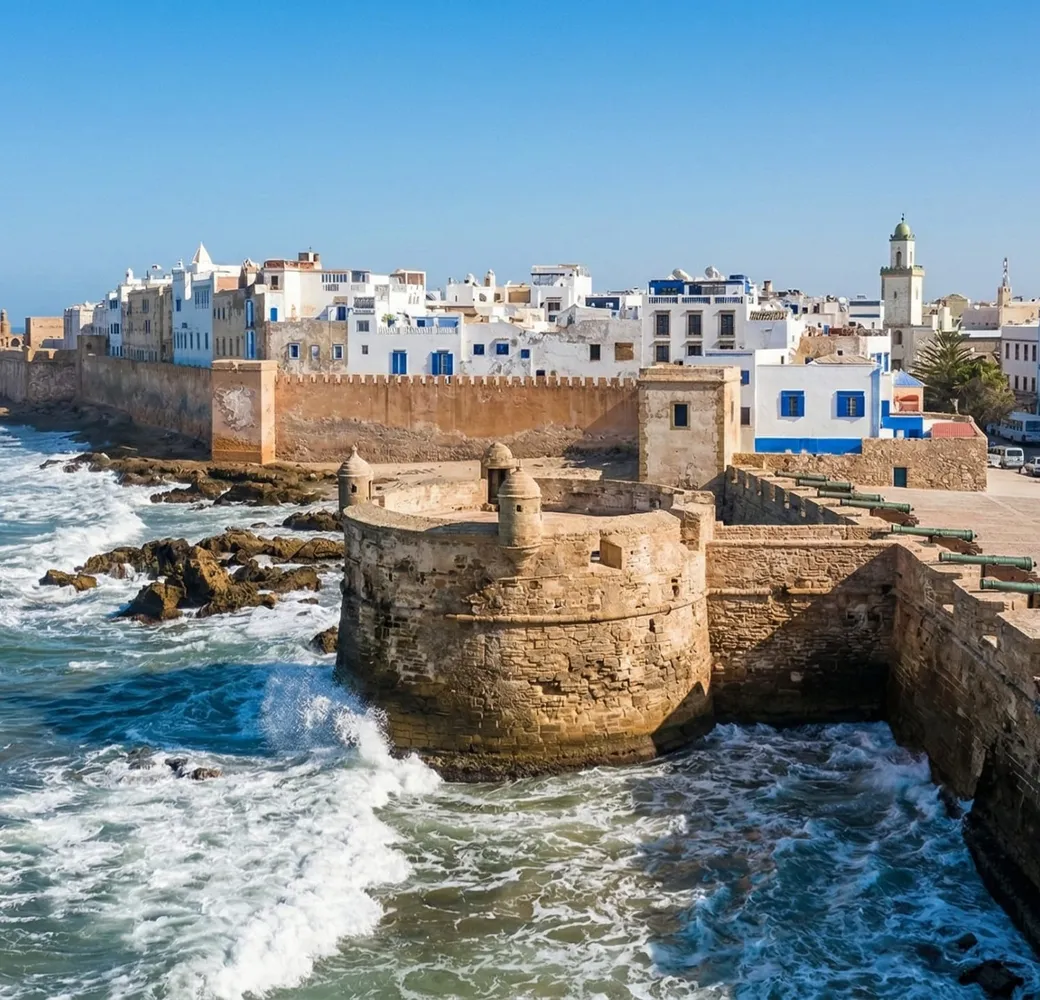 Remparts de la Skala de la Ville à Essaouira avec vue sur l'océan Atlantique et le port de pêche