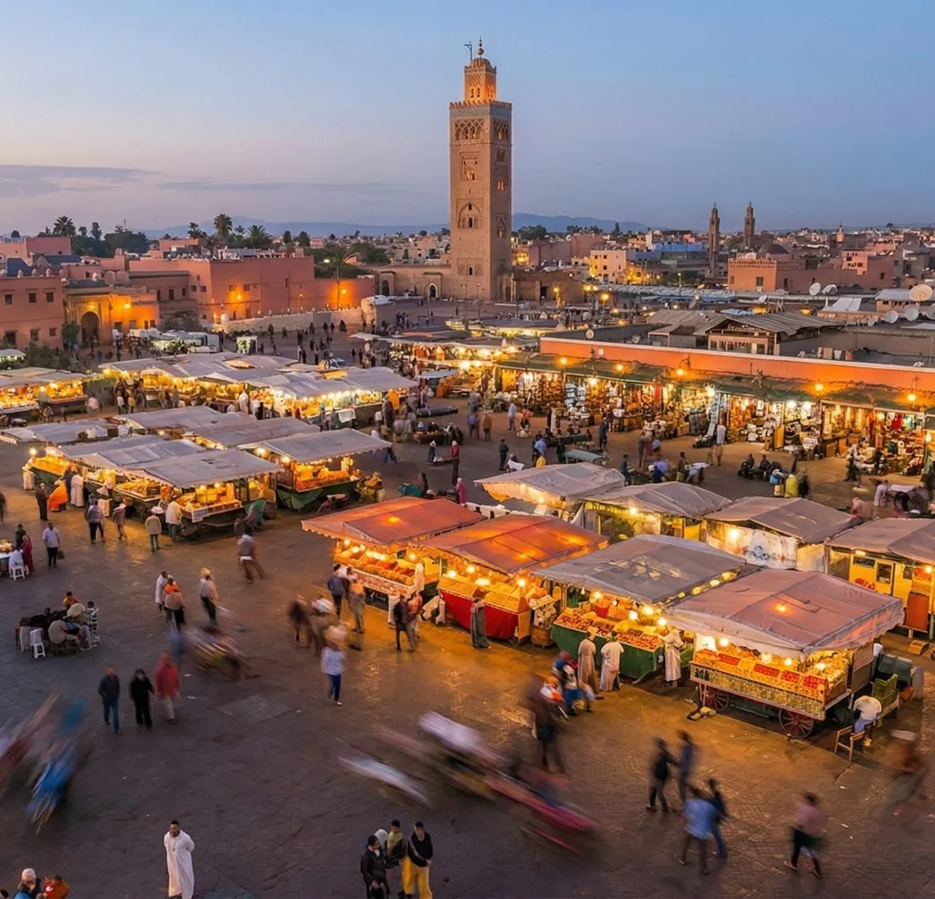 Aerial view of Jemaa el-Fna square in Marrakech at sunset, with the Koutoubia minaret in the background