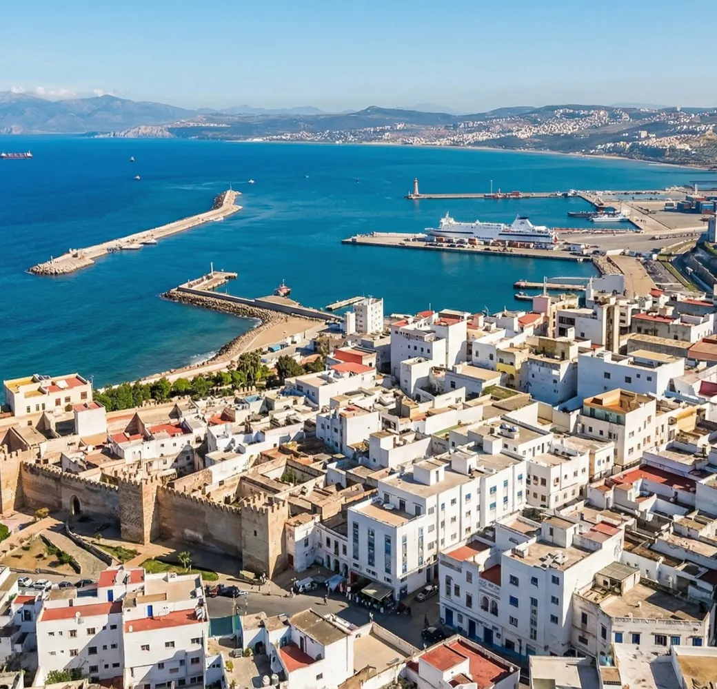 View of the Strait of Gibraltar from the Kasbah of Tangier, with Spain visible in the distance